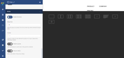 To enable stickiness, we need to turn on the Sticky toggle for our header and add a margin 50-pixels margin to the Margin top.