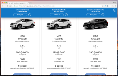 Hyundai car configurator with a feature comparison