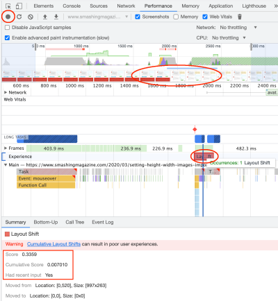 Screenshot of Chrome Dev Tools with a shift selected and the Summary of this shows that it had recent input and so the shift is not included in the Cumulative Score.