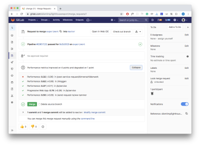 A screenshot of the merge request page. There is a widget that shows which lighthouse metrics have changed and how exactly