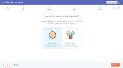 HubSpot data importer asks users ‘How many objects are you importing?’: one object or multiple objects