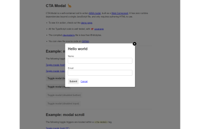 A screenshot of the CTA Modal dialog displaying a form.