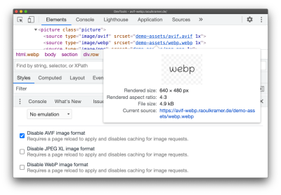 Chrome DevTools allows you to test differing fallbacks for WebP, AVIF or JPEG XL in the Rendering panel.