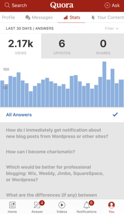 User profile screen in Quora app