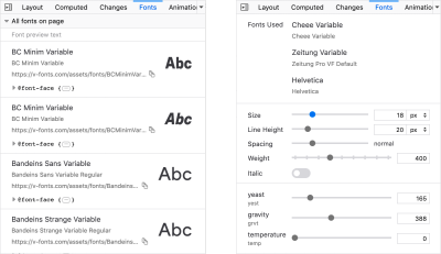 An example of the Fonts Editor index of fonts and variable fonts editing