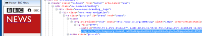 Screenshot of IE8 BBC News logo with devtools open