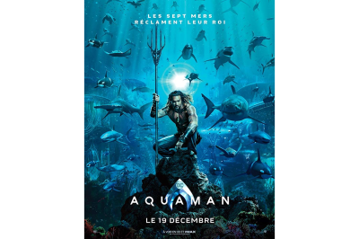 The Aquaman movie poster includes stock photos of sharks