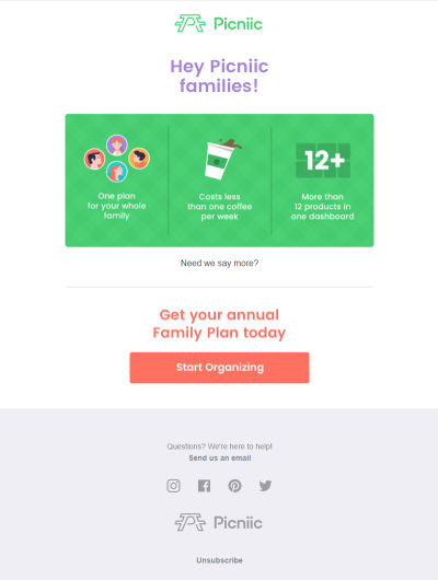 Email with an unsubscribe link from Picniic