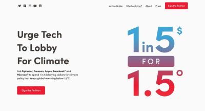 Screenshot of the 1in5 for 1.5 homepage, with the heading “Urge tech to lobby for climate change”