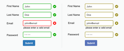 The use of icons and labels to show which fields are invalid better communicates the information to a color-blind user.