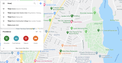 Google Maps displays a 'Favorite' location when a user searches for 'three'