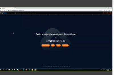 An image of a statistical program landing page with large text stating drag a file to begin or click one of four options presented as large orange buttons in the center of the screen