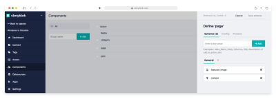 Content Type Page fields definition in Storyblok Components section.