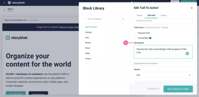 A screenshot of Storyblok’s CMS way of editing the description in a call-to-action
