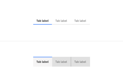 Two groups of tabs: the first one has grey text and a border at the bottom, and the selected one has darker text with a blue border. The second tab group has grey text and a grey background, while the selected tab has a lighter background and a blue top border