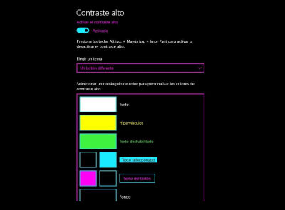 Screenshot of High Contrast Mode’s window with the default black pallete, except that the button color was changed to fuschia