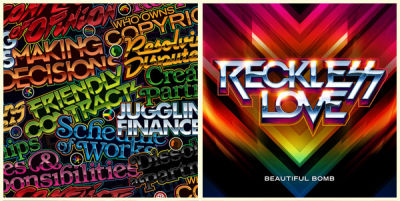 Image is divided into two parts, a composition of colorful phrases and a phrase that says recles love on the colorful background