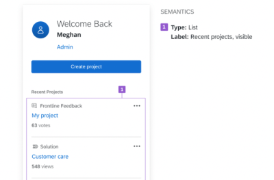 Mockup for a ‘Welcome back’ component showing recent projects. It is labelled with notes on accessibility.