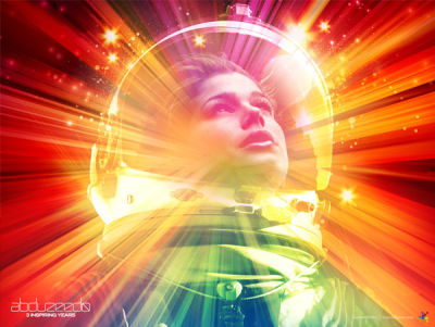 Abduzeedo Wallpaper, bright lightbeams are stretching from the middle towards the edges, a beautiful woman in a cosmonaut costume is looking up and the beams are spreading through her semi-transparent figure