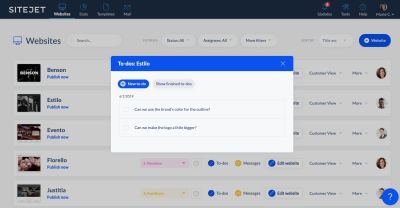 A list of sample to-dos inside the web designer’s dashboard of Sitejet