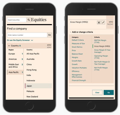 Showing the FT Screener website on mobile with two panes, i.e. one for groups and one for specific filters.