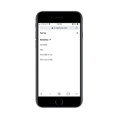 Sephora customers can change category page sorting by Bestselling, Top Rated, New, Price High to Low, Price Low to High