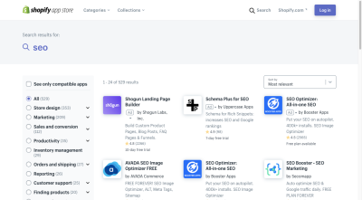 Search for “SEO” in Shopify App Store has 529 results, showing apps like AVADA SEO Image Optimizer, SEO Optimizer and SEO Booster