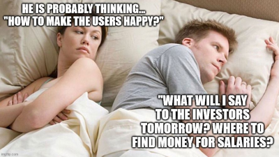 A popular meme image. In the bed, on the left side, is a woman thinking, 'He is probably thinking… how to make users happy?' On the right side, the man is thinking, 'What will I say to the investors tomorrow? Where to find the money for salaries?'