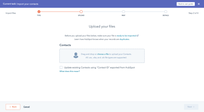 The HubSpot data importer page is specific to what the end user is uploading. This example is for a Contacts file