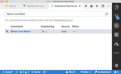 the keyboard binding screen in vs code with a binding created for the vs live share viewlet