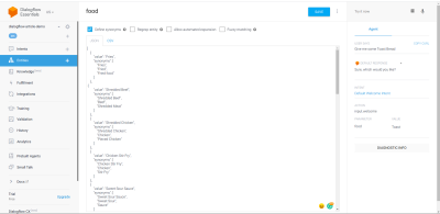 JSON data values added to the newly created food entity in raw editor mode.