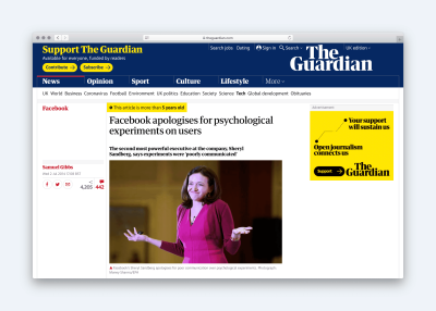 A screenshot of The Guardian with an article headline stating: Facebook apologises for psychological experiment on users