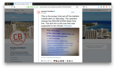 Screenshot from the clearly unusable system that was blamed for initiating the missile warning in Hawaii.