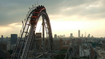 Image of a urban landscape with a Roller Coaster.