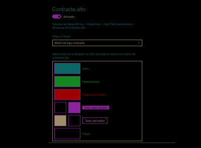 Screenshot of High Contrast Mode’s window with a chosen color that has a lower contrast