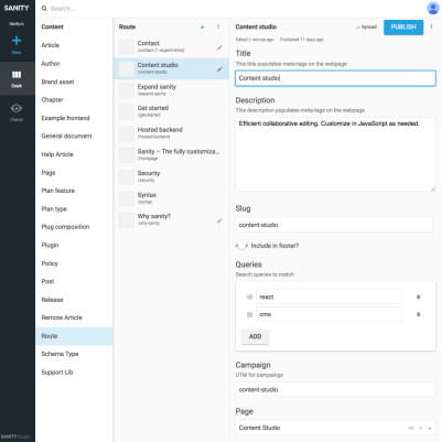 Sanity Studio with a “route” document and an editor open