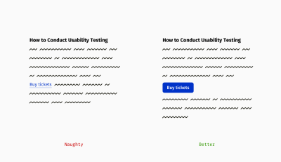 A “naughty” example presented on the left of a subtle key link used within a random text. On the right, the same title and random text are presented but with a well-noticeable blue button that says “Buy Tickets”