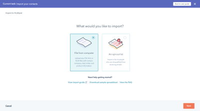 HubSpot data importer asks users ‘What would you like to import?’: a file from computer or an opt-out list