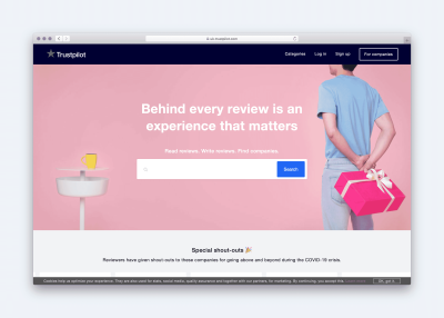 A screenshot of Trust Pilot Homepage stating: Behind every review is an experience that matters.