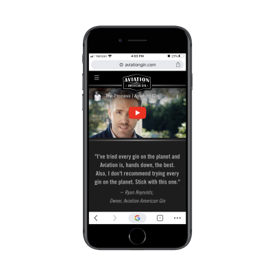 Ryan Reynolds video on Aviation Gin mobile site