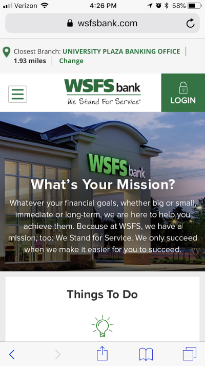 A sticky top bar is now presented to the mobile user on the WSFS Bank website.