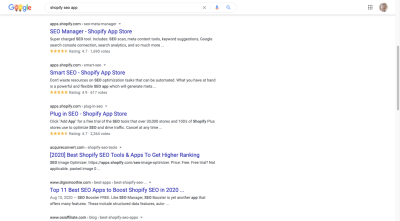 Search for “shopify seo app” on Google shows results like SEO Manager, Smart SEO and Plug in SEO