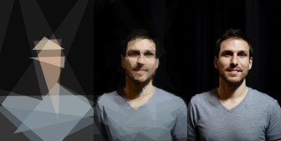 Three different versions showing the SVG lazy loading technique by José M. Pérez, a version similar to Cubism art on the left, a pixelated blurred version in the middle, and a proper picture of José himself on the right