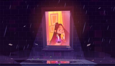 Illustration of girl sitting inside a room at the window looking outside while it rains