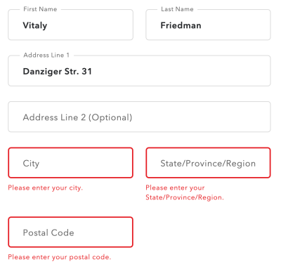 A screenshot of a form that shows error messages on empty input fields the moment user leaves them.