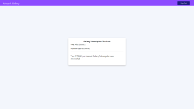 Checkout page in the gallery application displaying a successful payment response.