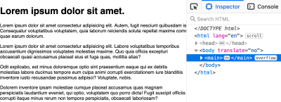 The HTML has an indicator tag of scroll, noting that it has become a scrollable region, and main has an indicator tag of overflow because one of the paragraphs expands beyond its boundaries
