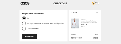 New design of ASOS page with the added option of ‘Can’t remember’ to the question ‘Do you have an account or not?’