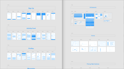 Adobe XD UI Kits for mobile (left) and web (right) are a great way to get a head start at the beginning of a design project. By providing typical components (Sign Up, Forms, Profiles), they save you a considerable amount of time, removing the need to reinvent the wheel by redrawing commonly used components.