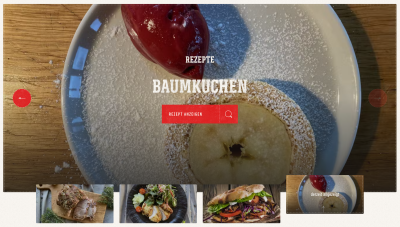 The front page of Weber Grill’s website showing different recipes in German, in this particular case, Baumkuchen being the prominent one covering the entire page while other recipes are presented as much smaller images and function as part of the carousel